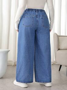 SHEIN PETITE CURVE 大码女式高腰口袋阔腿宽松休闲牛仔裤，适合冬季、圣诞节、新年、感恩节、通勤、度假、毕业典礼等场合，时尚百搭，Y2K风格，可爱街头风，适合派对、婚礼等优雅商务场合。 - 藍色 - 查看 2