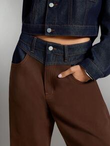 Denimoi 双色拼色高腰直筒牛仔裤 秋冬西部时尚女牛仔装 - 彩色 - 查看 2