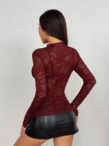 EgrlEra Women's Lace Elastic Peony Floral Sheer Sexy Blouse (Random Cut) - Maroon - View 2