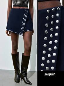 Maija 女士纯色铆钉设计不对称休闲短裙，都市通勤商务休闲风，优雅OL装扮，适合春夏及情人节穿着。 - 藏蓝色 - 查看 6