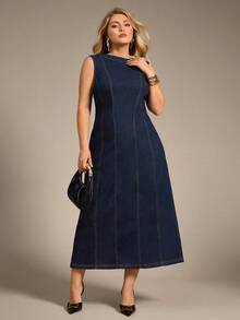 Auralis 大码女式休闲无袖牛仔束腰中长连衣裙，夏季