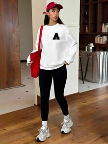 SHEIN EZwear 女士秋冬新款运动卫衣和紧身裤套装 - 黑與白 - 查看 5