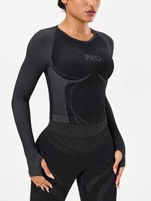 Seamluxe SHEIN Sport 女士字母印花拼接条纹插肩袖运动T恤 - 黑色 - 查看 4