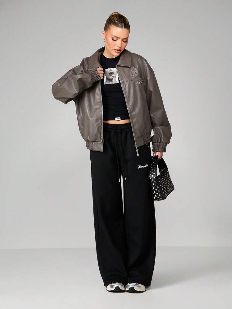 Missguided x Playboy Oversized Zip Through Collared Bomber Jacket With Star Logo Embroidered Back Design Ribbed Cuffs And Hem Fall Winter