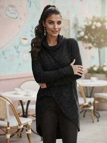 Blusa de Tela Hachi para Invierno Holgada de Corte Cruzado con Cuello Snood y Manga Larga para mujer - Negro - Ver 3
