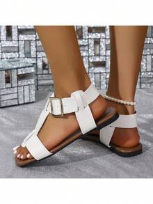 Sandalias planas para mujer, sandalias planas con correa y hebilla calada, estilo europeo y americano, combinadas con sandalias de playa a la moda. - Blanco - Ver 2