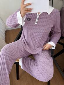 Dream Adore Plus Size Simple Contrast Color Collar Embroidered Knit Pajama Set - Mauve Purple - View 3