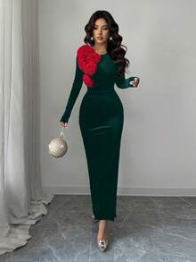 Rafferiza Vestido largo de mujer de cuello redondo, cintura ceñida y terciopelo con flores 3D para otoño/invierno, elegante para fiestas y eventos de Navidad - Verde Oscuro - Ver 5