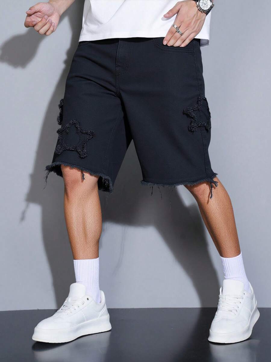 Manfinity Homme Men's Casual Solid Color Denim Black Shorts Jorts With Frayed Hems, Men Cargo Gothic Ripped Fashion Creative Fringe - Black - View 1