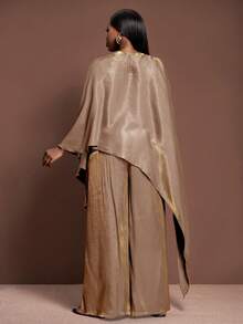 Veslaya 2025新款加大码女装冬季亮面面料斗篷式上衣宽松长裤两件套，适合圣诞节/新年/派对/展现女性优雅气质/闪亮两件套/感恩节/正式场合穿着 - 藕粉色 - 查看 2