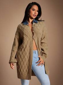 Radiana Women's Casual Commuter Colorblock Turndown Collar Button-Front Long Cardigan, Autumn/Winter,Sweaters For Women,Spring To Summer, - Brown - View 2