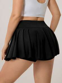Auralis 运动休闲加大码女式高腰褶裥黑色运动短裙网球裙健身运动服，适合身材丰满的女性 - 黑色 - 查看 2