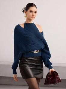 Modelyn 女士交叉领长袖时尚浆果色毛衣，秋冬季 - 寶藍色 - 查看 5