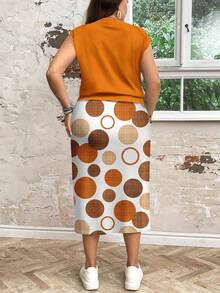 SHEIN LUNE 2pcs Set Plus Size Women Casual Dotted Print Loose Round Neck Top And Skirt Set, Suitable For Summer - Multicolor - View 2