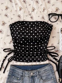 Teen Girls Y2K Casual Minimalist Black & White Polka Dot Print Ruched Tie Front Camisole Tops Teen Girl Clothes Tube Top,Summer,Y2k,Vacation,Streetwear,Holiday,New Years Tube Top Pack Black And White Tops For Teen Girls Not Cropped