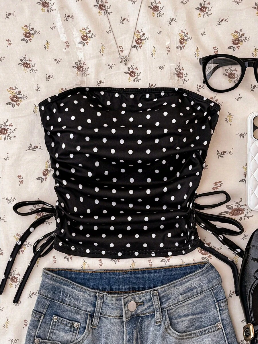Teen Girls Y2K Casual Minimalist Black & White Polka Dot Print Ruched Tie Front Camisole Tops Teen Girl Clothes Tube Top,Summer,Y2k,Vacation,Streetwear,Holiday,New Years Tube Top Pack Black And White Tops For Teen Girls Not Cropped