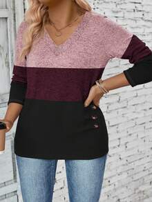 EMERY ROSE 女士V领长袖三色设计休闲针织加大码T恤，秋冬春季上衣 - 彩色 - 查看 5