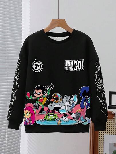 Teen Titans Go X SHEIN Sudadera informal con cuello redondo con gráfico de dibujos animados y letras para niño preadolescente, otoño