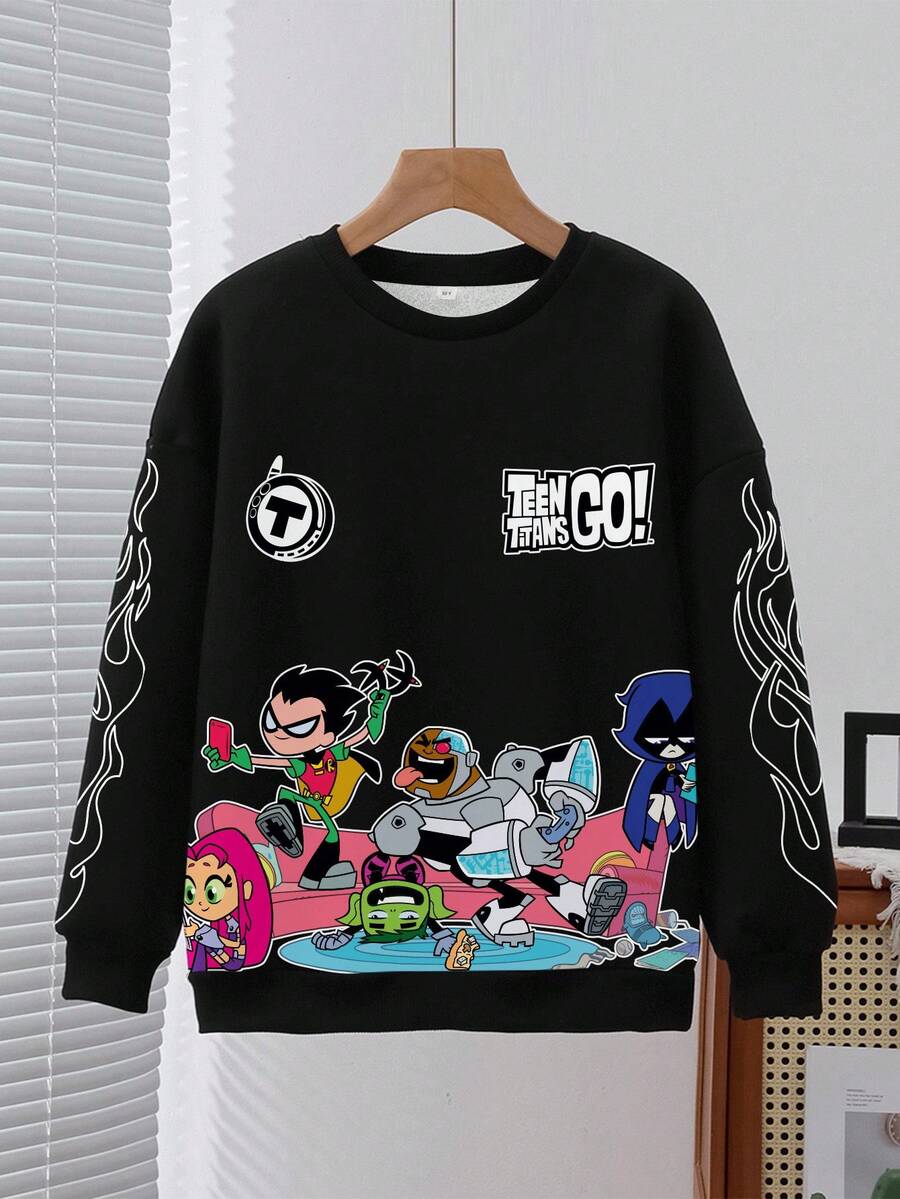 Teen Titans Go X SHEIN Áo nỉ cổ tròn in họa tiết hoạt hình và chữ cái thường ngày cho bé trai tuổi mới lớn, mùa thu - trắng - Xem 1