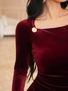 DAZY Đầm dự tiệc tay loe màu trơn thanh lịch dành cho nữ đón Giáng sinh năm mới - Màu Đỏ Sâu - Xem 6