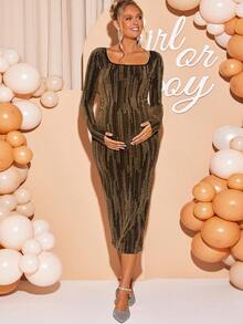 Loomaby Maternity Fashionable Party Sequin Bodycon Dress Babyshower Dress Maternity Pregnant Dress Bump Friendly Dress Maternity Dress Pregnancy Dress For Photoshoot - Gold - View 6
