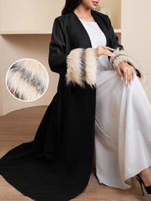 Veilorie Áo Abaya kín đáo dành cho nữ với viền lông thú, váy mùa đông cho nữ, áo Abaya Dubai, áo Abaya đen sang trọng cho nữ, váy xòe bồng bềnh cho nữ mùa đông. - màu đen - Xem 4