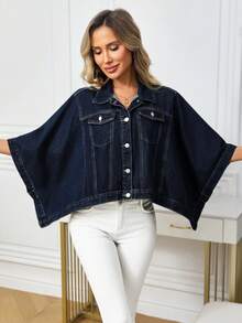EMERY ROSE Women's Fleece Bat Wing Sleeve Single-Breasted Loose Denim Jacket,Navy Blue,Autumn,Oversized,Everyday Jean Shirt Top 2 Piece Denim Sets For Woman - Blue - View 5