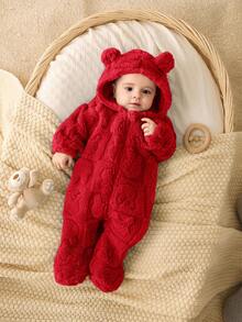 SHEIN 新生儿男女宝宝可爱卡通图案毛绒连帽连体衣，适合秋冬季室内外穿着