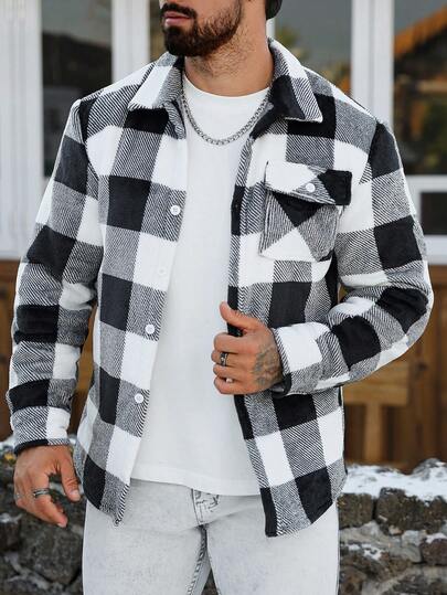 Manfinity CasualCool Men's Plaid Print Pocket Front Button Casual Long Sleeve Shirt Men Flannel Men Shacket Black And White Jacket Plaid Jacket Men