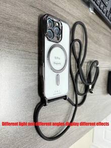 奢华斜挎项链挂绳电镀透明手机壳，兼容 17 Air 16 E 16 15 14 13 12 Pro Max 11，亮面磁吸无线充电保护套 - 黑色 - 查看 3