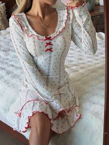 SHEIN Romantic Women's Short Dress With Floral Pattern, Bow Decor And Ruffle Hem Long Sleeve Nightgown, Winter - White - View 4