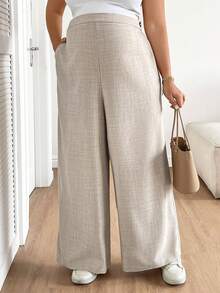 SHEIN Pantaloni larghi casual e versatili di colore unito per donne in gravidanza di taglia grande - Cachi - Visualizzare 3