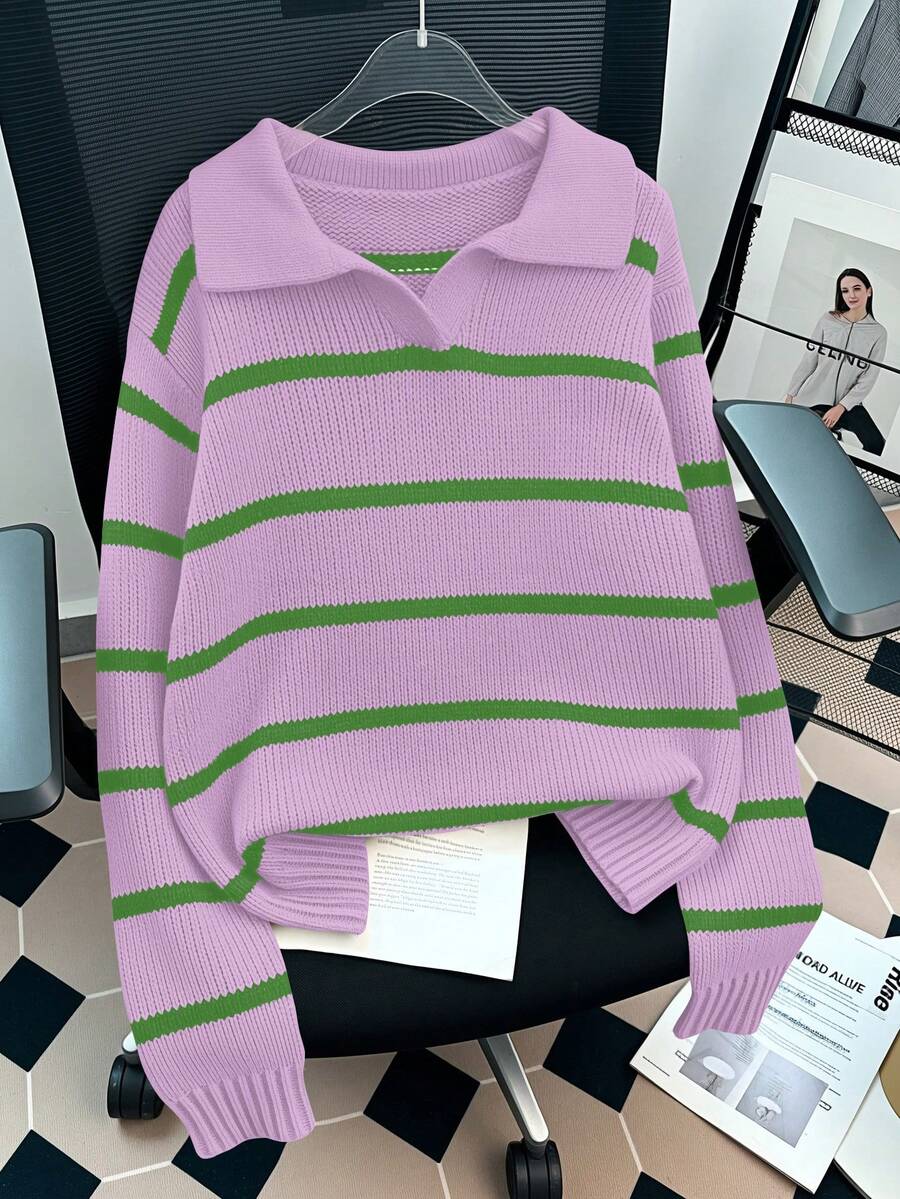 GlowEve Women's Casual Loose Striped Sweater, Autumn/Winter - Dusty Purple - View 1