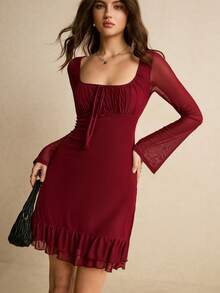 Poéselle 女士优雅通勤纯色喇叭袖荷叶边迷你连衣裙 - 酒紅色 - 查看 3