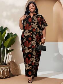 SHEIN Lady CURVE 大码女式夏季度假风印花V领拼接口袋连衣裙 - 彩色 - 查看 4