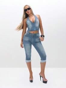 BABYPHAT 铆钉露背短款牛仔上衣，深V领口饰有金属装饰，夏季节日背心 - 淺色水洗藍 - 查看 2