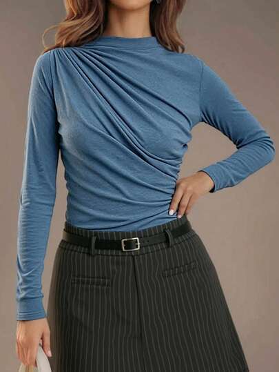 NOVVYNE Women's Solid Color Pleated Collar Fashion Long Sleeve T-Shirt