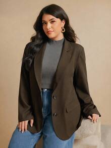 Elaquor Plus Size Women's Solid Color Lapel Collar Long Sleeve Single Button Casual Blazer Jacket, Autumn
