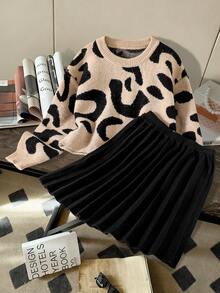 Sparklyn Girls Sweater & Pleated Skirt Set, Suitable For Halloween, Christmas, Holiday Matching, Cute Academic Style, Versatile All-Match Outfit Black Midi Skirt Pleated Skirt Black Cute Light Brown Sweater Cheetah Print Long Sleeve Top Leopard Print Sweater