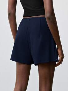 Maija 女士纯色铆钉设计不对称休闲短裙，都市通勤商务休闲风，优雅OL装扮，适合春夏及情人节穿着。 - 藏蓝色 - 查看 2