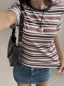 Livesso Áo thun nữ cổ tròn tay ngắn kẻ sọc thường ngày, mùa thu - Màu Đỏ Sâu - Xem 4