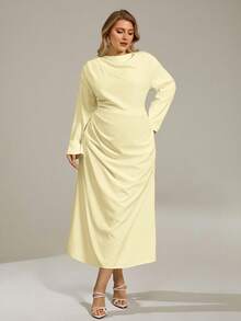 Auralis Asymmetric Irregular Fitted Commuter Elegant Minimalist Women Long Dress/Plus Size Women Autumn Spring Commuter Casual Outdoor Yellow Waist Flared Ruched Collar Design Long Dress, Suitable For Valentine's Day, Concert, Performance, Date, Formal Banquet, Prom, Wedding Season, Sexy, Elegant, Commuter, Back To School, Vacation, Beach, Romantic, Office Lady, Mermaid Style, Birthday Party, Valentine Outfits For Women - Yellow - View 5