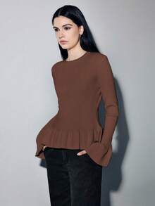 Lumivelle 女士纯色喇叭袖修身套头毛衣，秋冬季 - 咖啡棕 - 查看 4