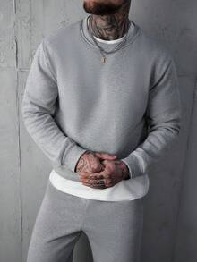 SLATEMANN 秋季宽松男士纯色圆领运动衫 - 淺灰色 - 查看 6