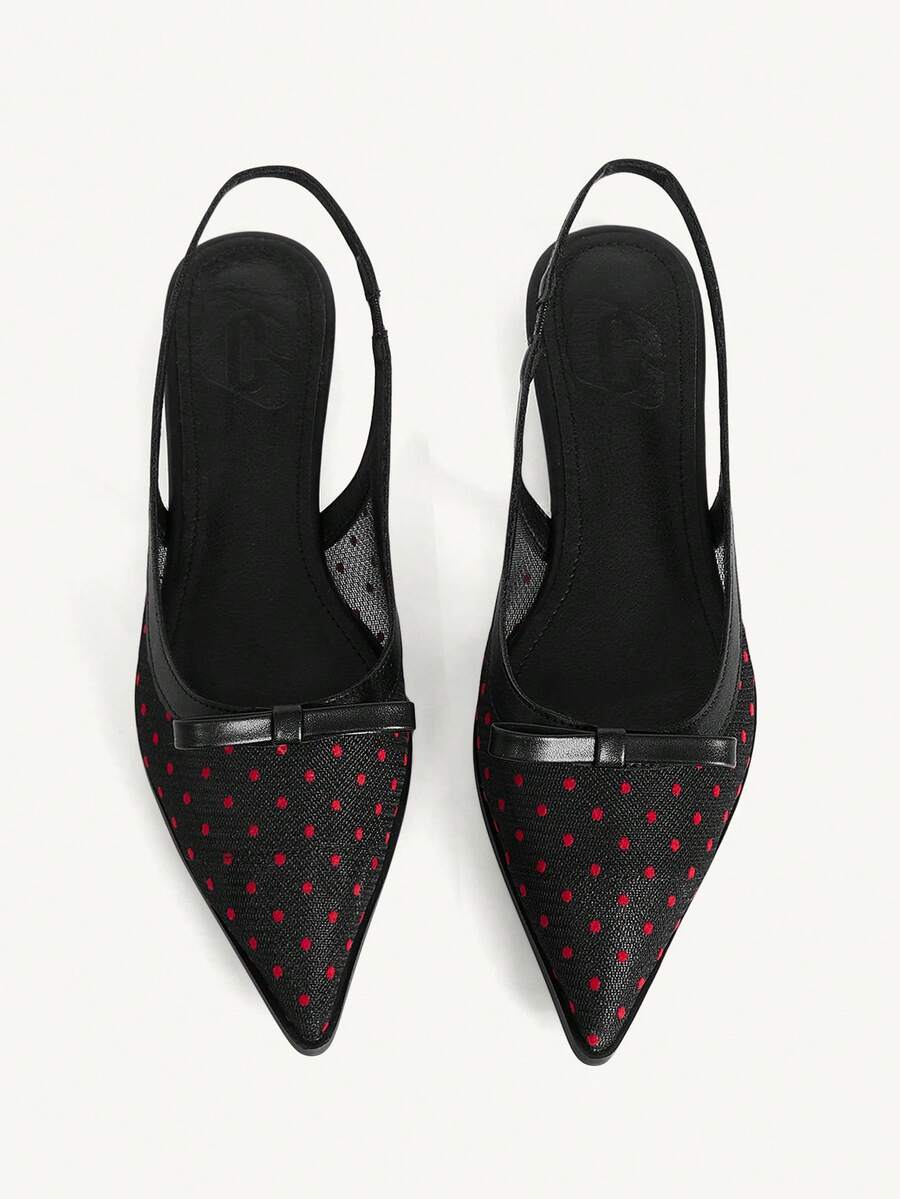 CUCCOO CHICEST 女士时尚优雅波点蝴蝶结装饰平底鞋，通勤必备 - 黑色 - 查看 1