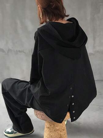 FRIFUL Kadınlar için Düz Renk Kapüşonlu Düşük Omuzlu Uzun Kollu Düğme Detaylı Günlük Bol Kesim Elbise, Sonbahar/Kış İçin Çok Yönlü