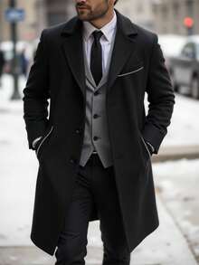 Manfinity Mode 男士加大码前开襟长袖口袋休闲商务外套，适合作为礼物送给朋友、丈夫或男友。男士黑色外套，男士双排扣外套，男士系带外套，男士长款外套，男士外衣，优雅高端的教堂风格，适合秋冬季节穿着。 - 黑色 - 查看 1