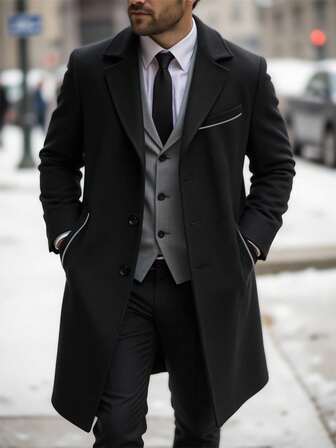 Manfinity Mode Jachetă bărbătească, mărime Plus, cu mânecă lungă și buzunar, casual, pentru afaceri, pentru exterior, potrivită ca și cadou pentru prieteni, soț sau iubit. Jachetă neagră bărbătească, jachetă cu două rânduri de nasturi bărbătești, jachetă cu curea bărbătească, jachetă lungă bărbătească, jachetă de exterior bărbătească, stil bisericesc elegant și de înaltă calitate, sezonul de toamnă și de iarnă.