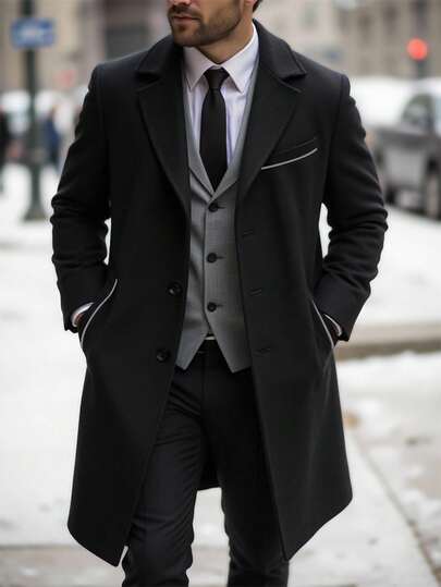 Manfinity Mode 男士加大码前开襟长袖口袋休闲商务外套，适合作为礼物送给朋友、丈夫或男友。男士黑色外套，男士双排扣外套，男士系带外套，男士长款外套，男士外衣，优雅高端的教堂风格，适合秋冬季节穿着。