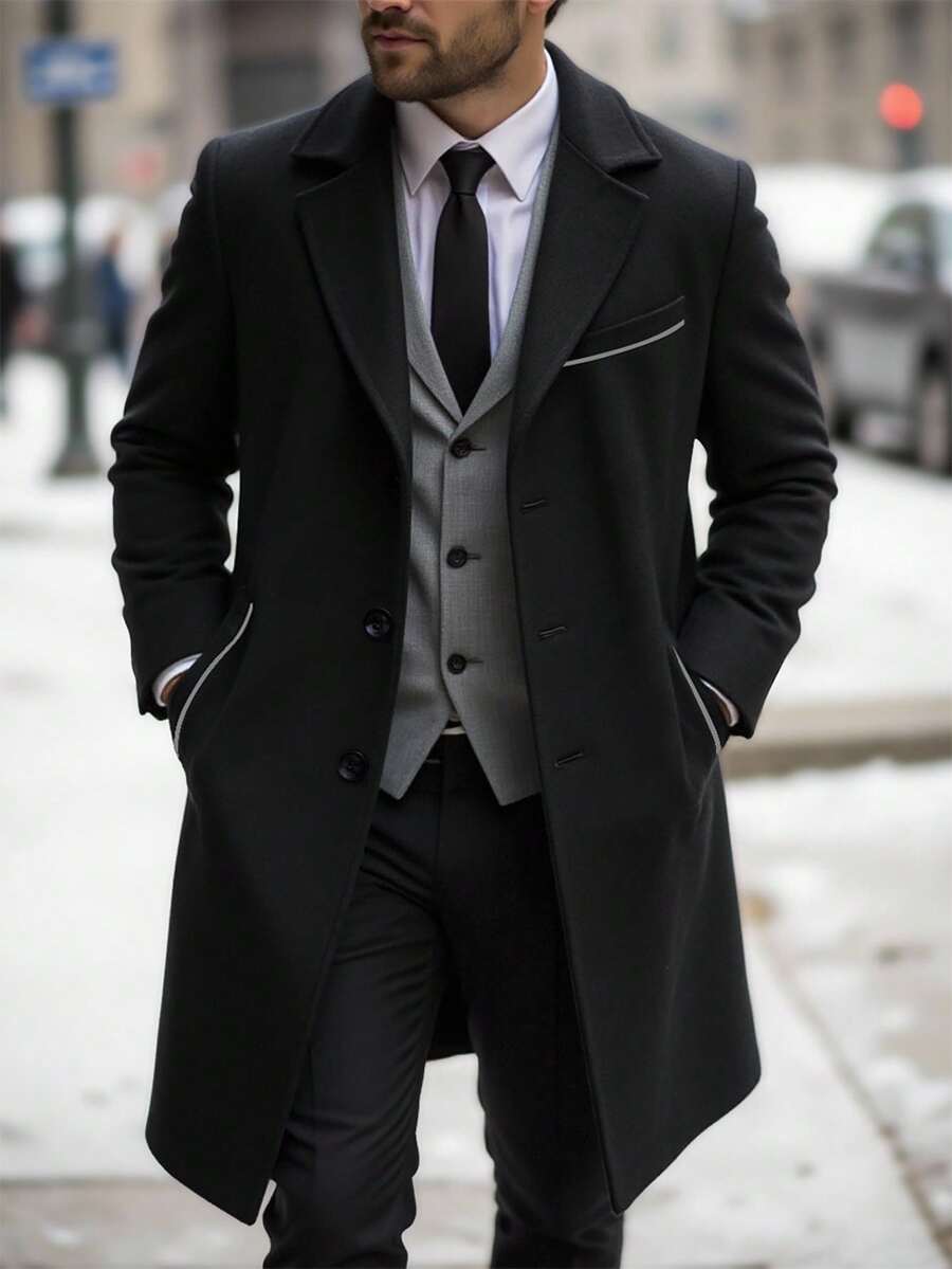 Manfinity Mode 男士加大码前开襟长袖口袋休闲商务外套，适合作为礼物送给朋友、丈夫或男友。男士黑色外套，男士双排扣外套，男士系带外套，男士长款外套，男士外衣，优雅高端的教堂风格，适合秋冬季节穿着。 - 黑色 - 查看 1